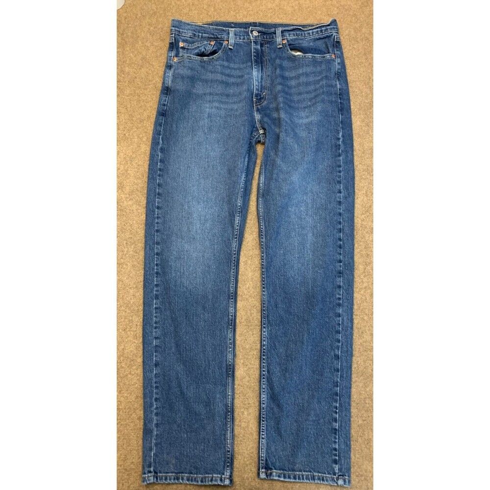 Levis 505 Jeans Mens 36x34 Straight Leg Whiskered Dark Wash Cotton Denim